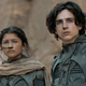 Dune characters Paul Atreides (Timothée Chalamet) and Chani (Zendaya) stand together in the desert.